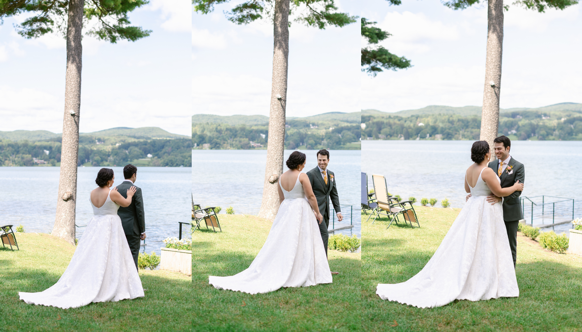 three pictures of a bride and groom lakeside